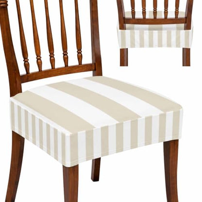 Beige Stretch Chair Covers Set of 6 - Cream Striped Dining Seat Protectors