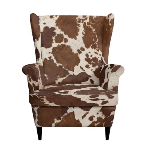 Stretch Wing Chair Slipcover Brown Cow Print 2 Piece Protect & Decor