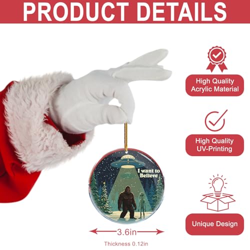 Bigfoot and Alien UFO Christmas Ornament - Funny Sasquatch & Alien Holiday Decor