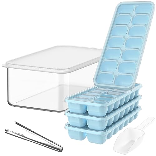 DOQAUS Ice Cube Tray with Lid and Bin, 4 Pack Silicone Plastic Ice Cube Trays for Freezer with Ice Box, Ice Trays with Ice Container, Stackable Ice Tray with Storage Ice Bucket,Ice Tong,Ice Scoop