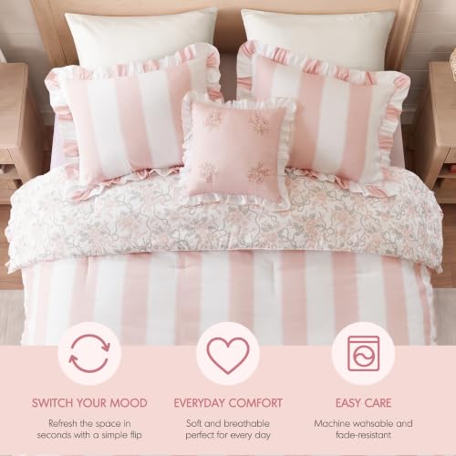 Pink Floral Comforter Set Full/Queen - 4 Piece Bed Bedding with Ruffle Edge & Reversible Floral Design