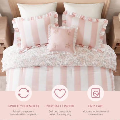 Pink Floral Comforter Set Full/Queen - 4 Piece Bed Bedding with Ruffle Edge & Reversible Floral Design