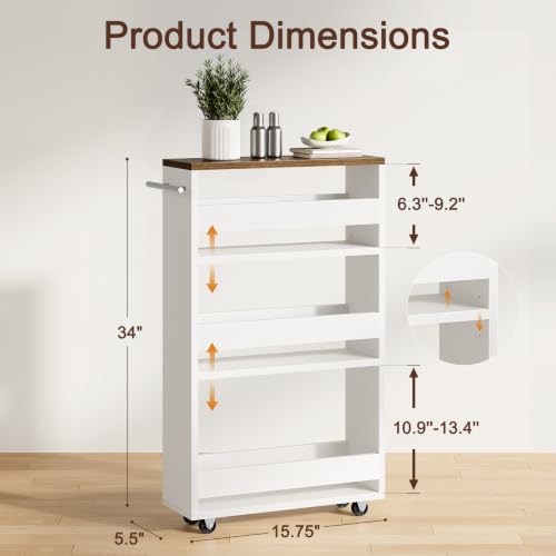 Yoobure White 4-Tier Slim Rolling Storage Cart on Wheels, Adjustable Shelves