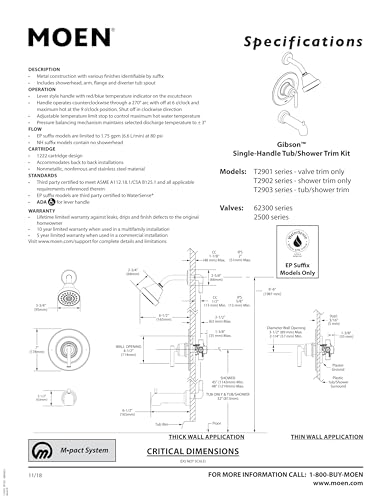 Moen Gibson Chrome Posi-Temp Pressure-Balancing Modern Valve Handle Only Trim, Valve Required, T2901