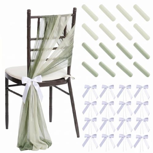 16 Pack 8ft Sage Green Wedding Chair Sashes with Bow Ties - Aisle Decor