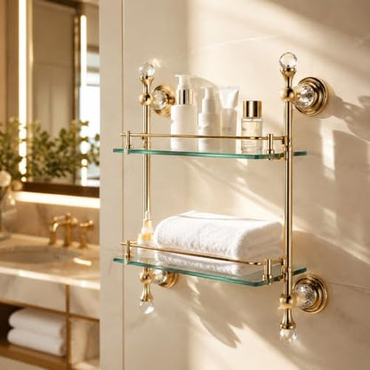 Bathroom Shelf Gold Brass Glass Organizer Double Layer 21.7x5.9x22 Inches