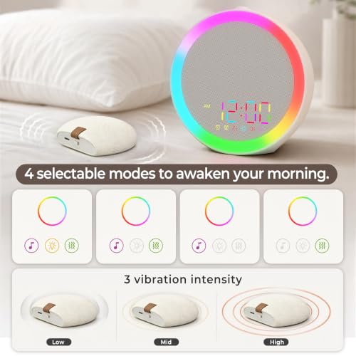 Heavy Sleepers Alarm Clock with Vibrating Bed Shaker, 10-Color Night Light, Dual Alarm, USB Charging