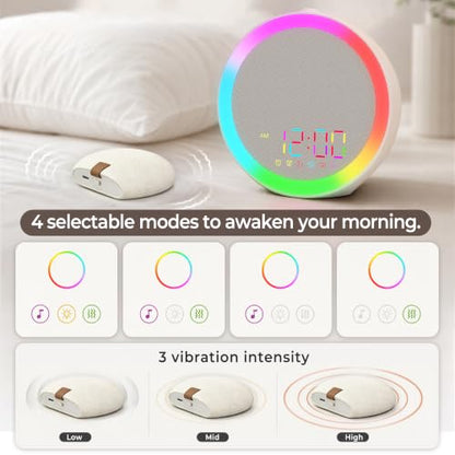 Heavy Sleepers Alarm Clock with Vibrating Bed Shaker, 10-Color Night Light, Dual Alarm, USB Charging