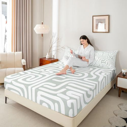 Kids Queen Size Striped Fitted Sheet - Sage Green, 16-Inch Deep Pocket