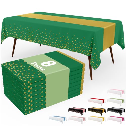 Disposable Rectangular Plastic Tablecloth 54 x 108 Inches - 8 Pack, Green and Gold Variation