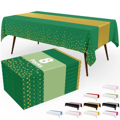 Disposable Rectangular Plastic Tablecloth 54 x 108 Inches - 8 Pack, Green and Gold Variation