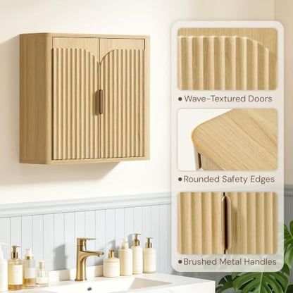 Vividwood Fluted Wall Mounted Bathroom Cabinet Set of 2 with Adjustable Shelves - Modern Over Toilet Storage for Laundry, Kitchen, Living Room - Natural Finish