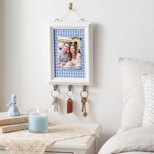 Stylish Farmhouse Rustic Key Holder Wall Decor with Photo Frame - Blue Gingham