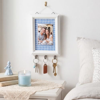 Stylish Farmhouse Rustic Key Holder Wall Decor with Photo Frame - Blue Gingham