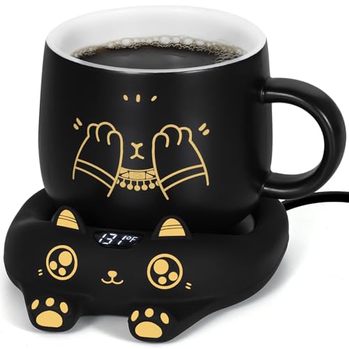 Ador Black Cat Mug & Coffee Warmer Set with Auto Shut Off - Cute Ceramic Mug & 3 Temp Settings