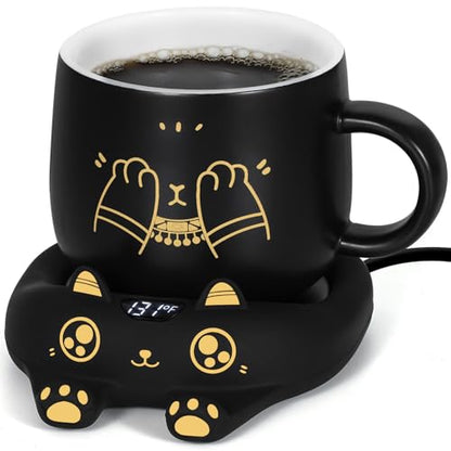 Ador Black Cat Mug & Coffee Warmer Set with Auto Shut Off - Cute Ceramic Mug & 3 Temp Settings