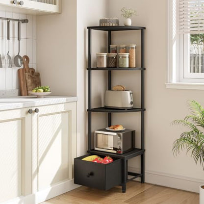 Corner Shelf Stand with LED Light and Drawer - Black, 11.8 x 11.8 x 51.6 inches