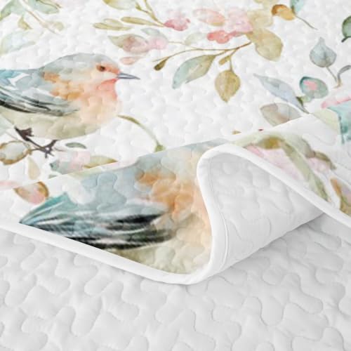 Watercolor Garden Quilt Set Full Pink Green – Sparrow Floral Bedding with Pillowcases