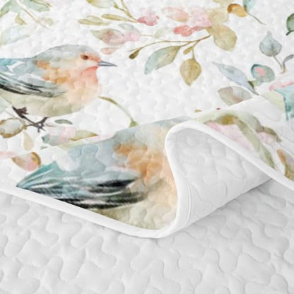 Watercolor Garden Quilt Set Full Pink Green – Sparrow Floral Bedding with Pillowcases