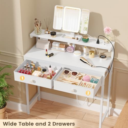Small Vanity Desk with Rotating Mirror & Power Outlets – 2 Drawers, 31.5"