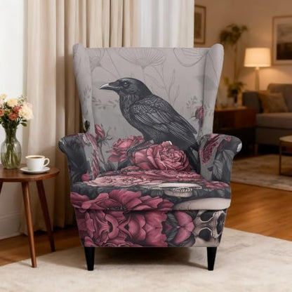 Gothic Raven Rose Wingback Armchair Cover - Stretch Slipcover for Dining Room