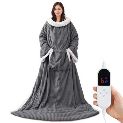 Grey Wearable Heated Blanket with Foot Pocket & Sleeves - Long