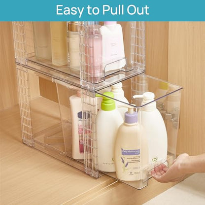 Vtopmart 2 Pack Stackable Storage Drawers,Clear Acrylic Drawer Organizers with Handles, Easily Assemble Containers for Fridge, Bathroom,Kitchen Undersink,Cabinet,Pantry Organization and Storage