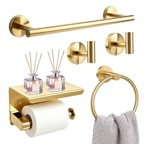 Brushed Gold Bathroom Hardware Set - Stainless Steel Wall Mount Kit with Towel Bar & Hooks