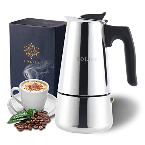 YOLIFE Stovetop Espresso Maker, Italian Moka Pot, 6 Cups/ 300 ml/10 oz (espresso cup=50ml) Stainless Steel Greca Cafe Maker Suitable for Induction Home Office Camping Cookers