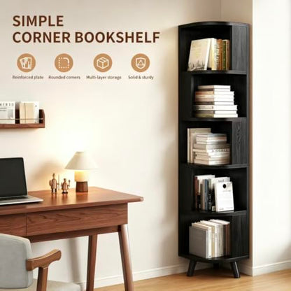 5-Tier Corner Bookshelf Black with Baffle - Space-Saving Wall Shelf