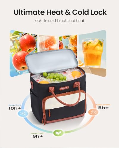 Large Insulated Lunch Bag for Women - 13L Black Beige Brown - Leakproof & Organized