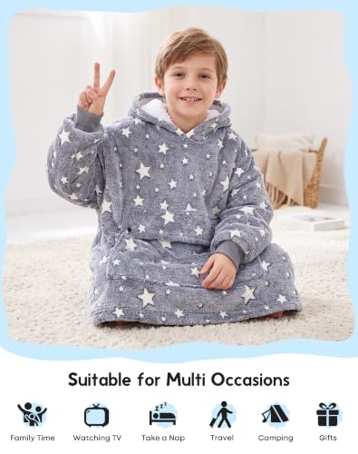 Glow in the Dark Wearable Blanket Hoodie for Kids & Adults Oversized Sherpa Fleece