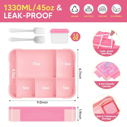 JYPS Lunch Box for Girls-Insulated Lunch Bag,Kids Bento Box with 6 Compartment,Water Bottle,Ice Pack,Salad Container,Perfect Lunch Container for Kids and Toddlers Back to School Age 7-15(Pink A)