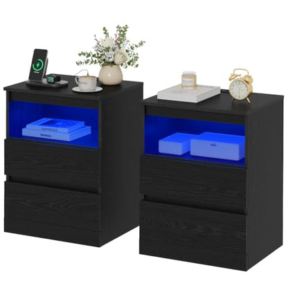 2-Pack Nightstands with Charging Station, LED Lights & 3 Drawers - Black