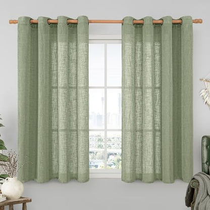 Semi Sheer Linen Curtains 52 x 54 Inch - Sage Green, Pack of 2