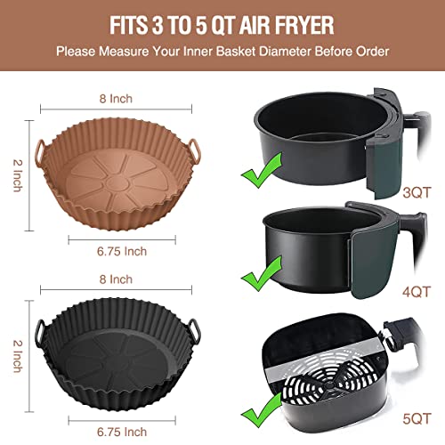 2 Pack Air Fryer Silicone Liners Pot for 3 to 5 QT, Air Fryer Silicone Basket Bowl, Replacement of Flammable Parchment Paper, Reusable Baking Tray Oven Accessories, Brown+Blk, (Top 8in, Bottom 6.75in)