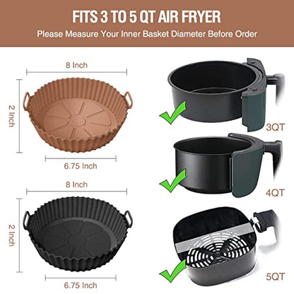 2 Pack Air Fryer Silicone Liners Pot for 3 to 5 QT, Air Fryer Silicone Basket Bowl, Replacement of Flammable Parchment Paper, Reusable Baking Tray Oven Accessories, Brown+Blk, (Top 8in, Bottom 6.75in)