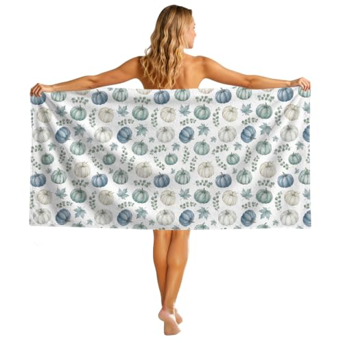 Blue Pumpkin Beach Towel 30x60 Inch - Rustic Green & Blue Fall Design