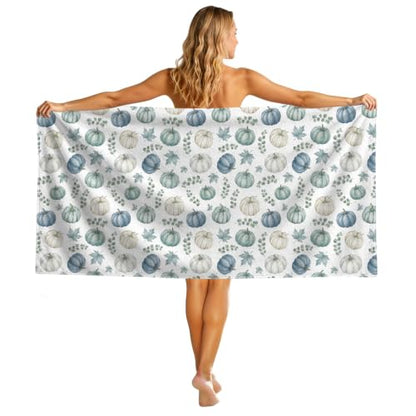 Blue Pumpkin Beach Towel 30x60 Inch - Rustic Green & Blue Fall Design