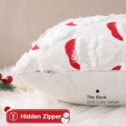 Christmas Santa Pillow Cover Set of 2 - 18x18 Inch Faux Fur & Embroidery Holiday Decor