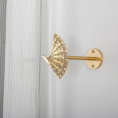 Vintage Brass Curtain Holdbacks with Chinese Folding Fan Pattern - Wall Mount Hooks
