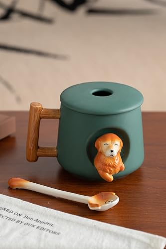Ceramic Coffee Mug with Lid & Matching Spoon - Green Golden Retriever Pattern, 14oz