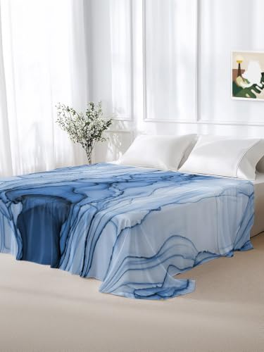 Twin Flat Sheet Blue Marble Veins - Microfiber Bed Bedding for All Seasons - LooPoP