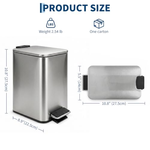 Bathroom Trash Can with Lid - 5L/1.3G Silver Soft Close Pedal Bin