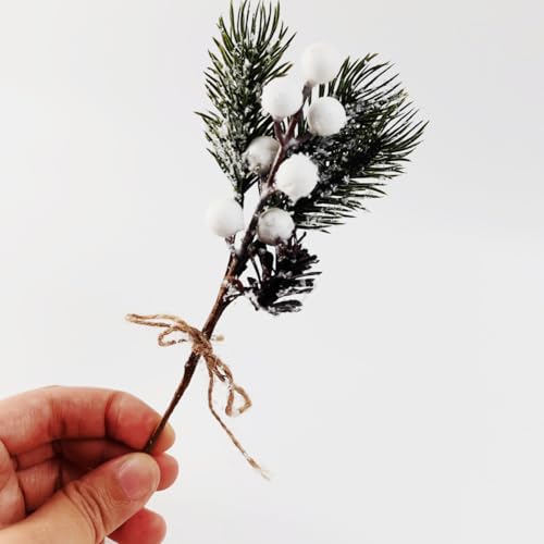 Artificial Christmas Pine Picks with Berries, Cones & Snow - 20pcs 8 Inch Decor
