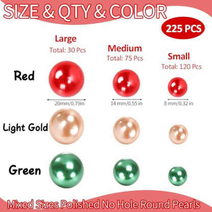 225PCS Christmas Vase Filler Beads - Red Green Champagne Gold No Hole Pearls for Decor & DIY Crafts
