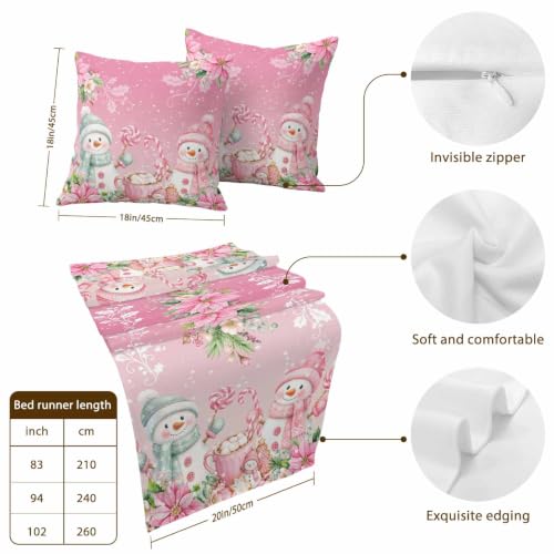 94x20 Inch Pink Bed Runner with Pillow Covers Set for King Bed Xmas Decor