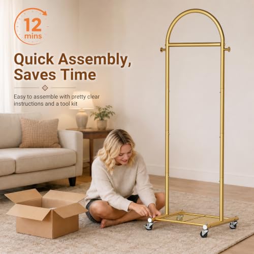 MISSLO Gold Small Clothes Rack 18-Inch Arched Style with Wheels and Shelves