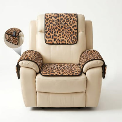 Brown Leopard Print Recliner Cover Set - Quilted 4-Piece Slipcover with Pockets
