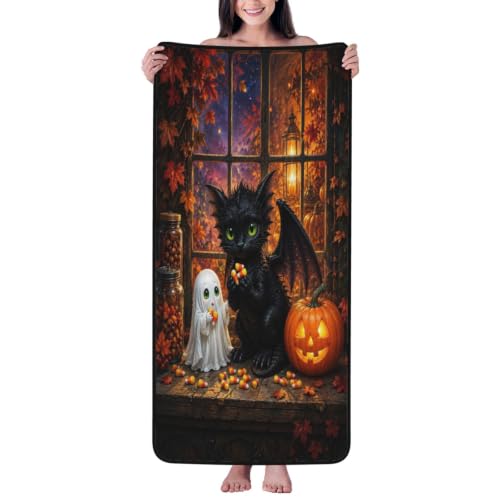 Cute Halloween Cat Bath Towel - Absorbent Coral Fleece, 27 x 55 Inches - One Size